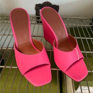 Women’s Amina Muaddi Lupita leather wedge mules Pink Wedge Sandals size 10